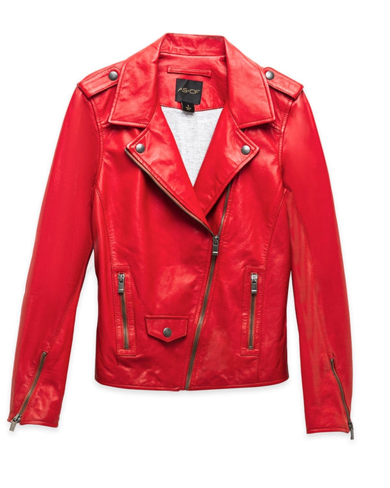 Front of a size 2XL CULT RECYCLED LEATHER JACKET in Coco Red by AS by DF. | dia_product_style_image_id:250510